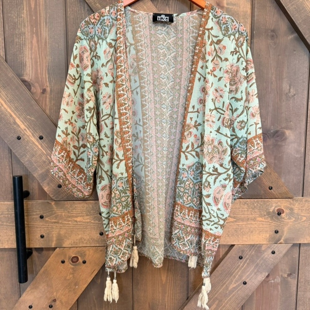 Luxe Kimono Women One Size Green Silk Blend Excellent Floral Paisley Tassel Boho